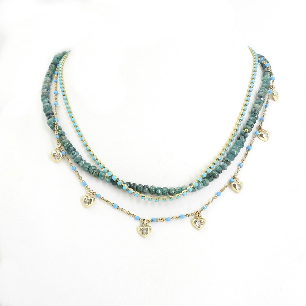 Turquoise Necklace w/ Gold Tone Hearts & CZ