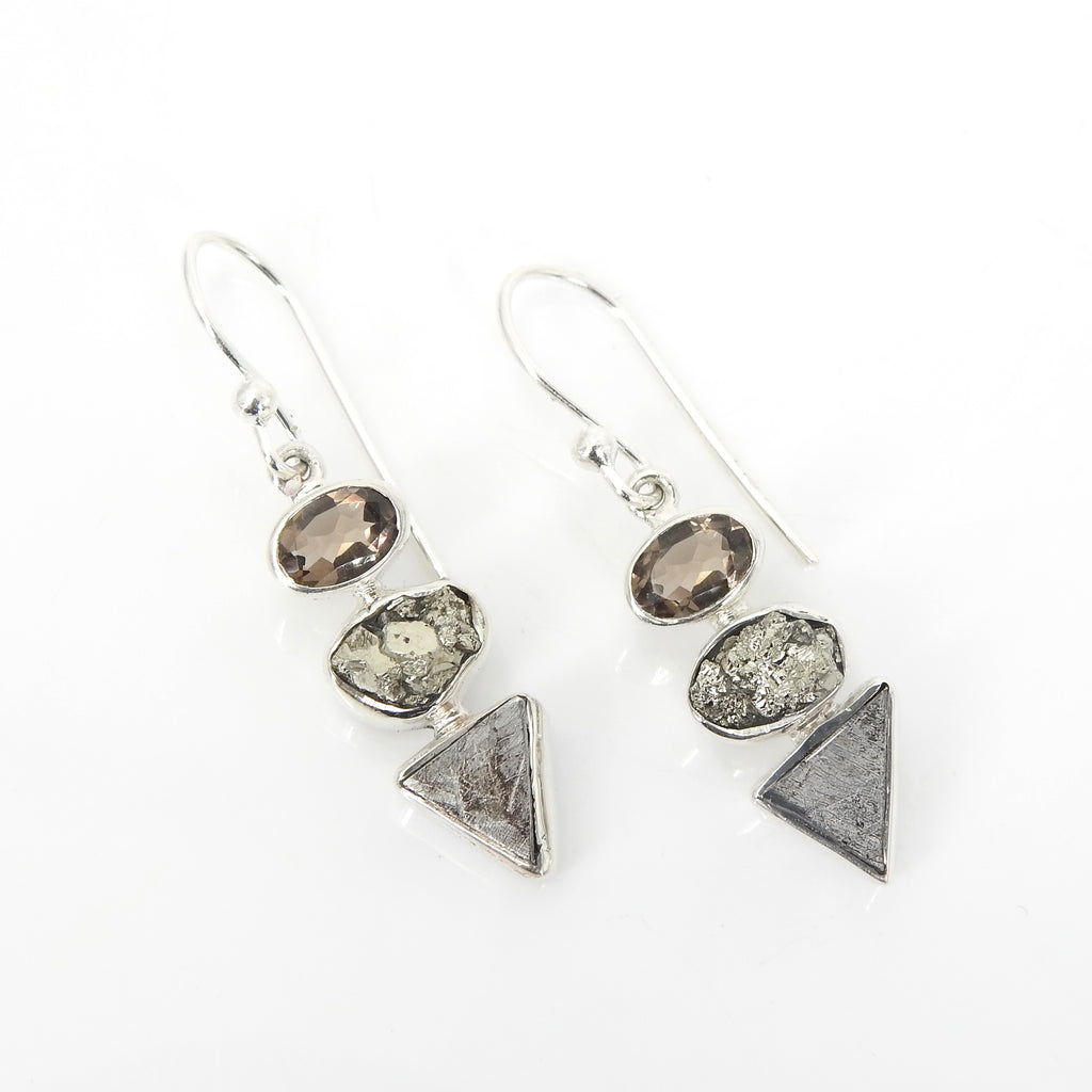 Sterling Silver Meteorite, Pyrite, & Smokey Quartz Earrings
