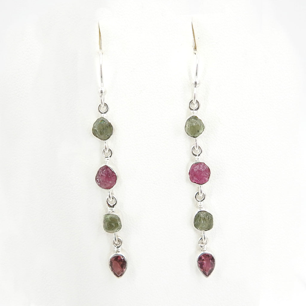 Sterling Silver Pink & Green Rough Tourmaline Earrings