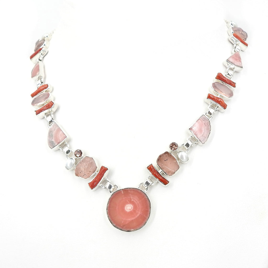 Sterling Silver Rhodochrosite, Rose Quartz, & Pearl Necklace