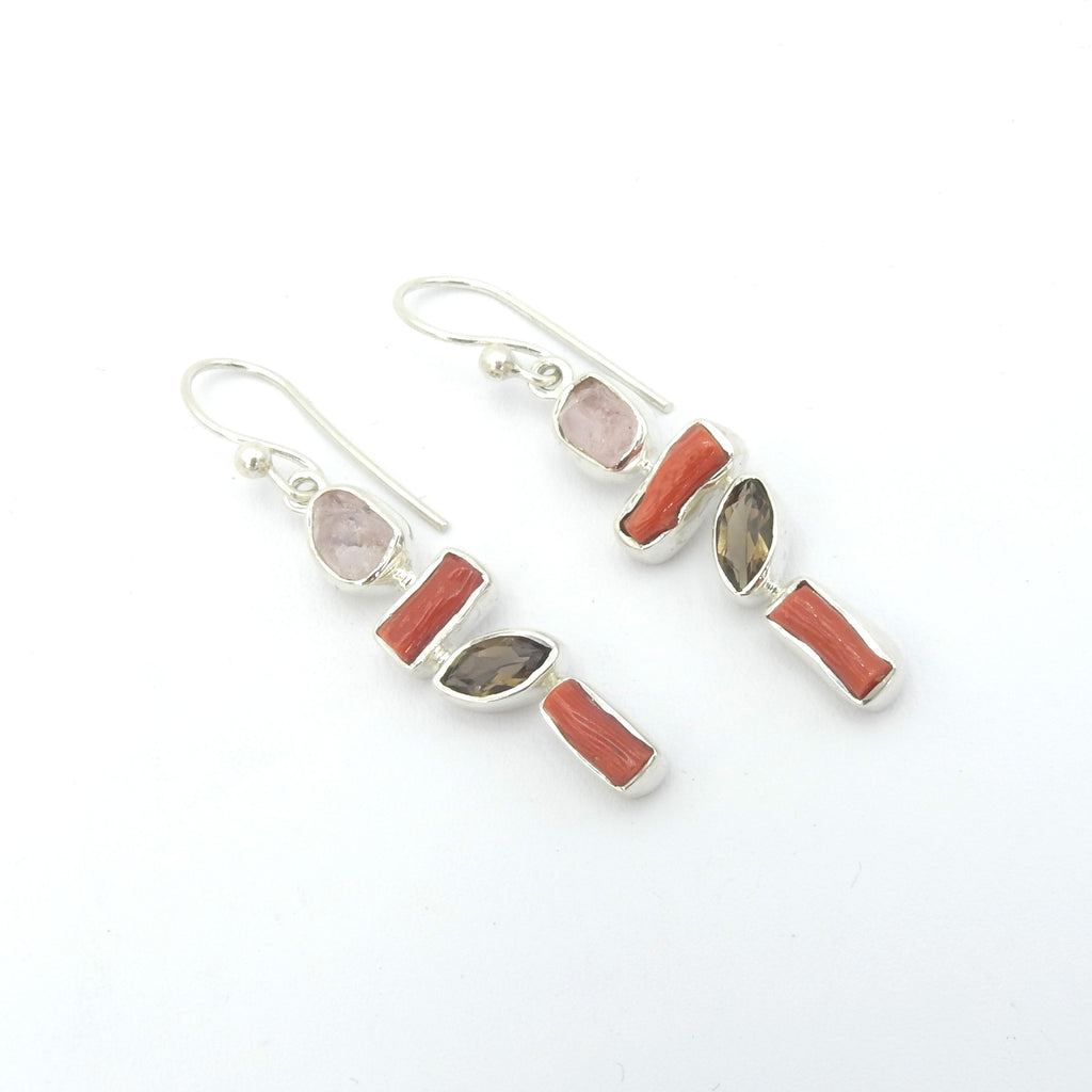 Sterling Silver Coral, Smoky & Rose Quartz Earrings