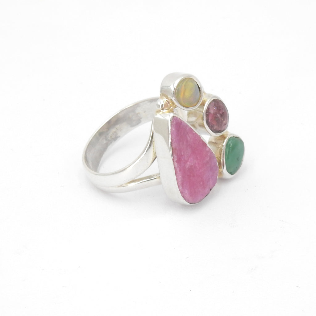 Sterling Silver Ruby,Emerald,Tourmaline & Ethiopian Opal Ring SZ 6