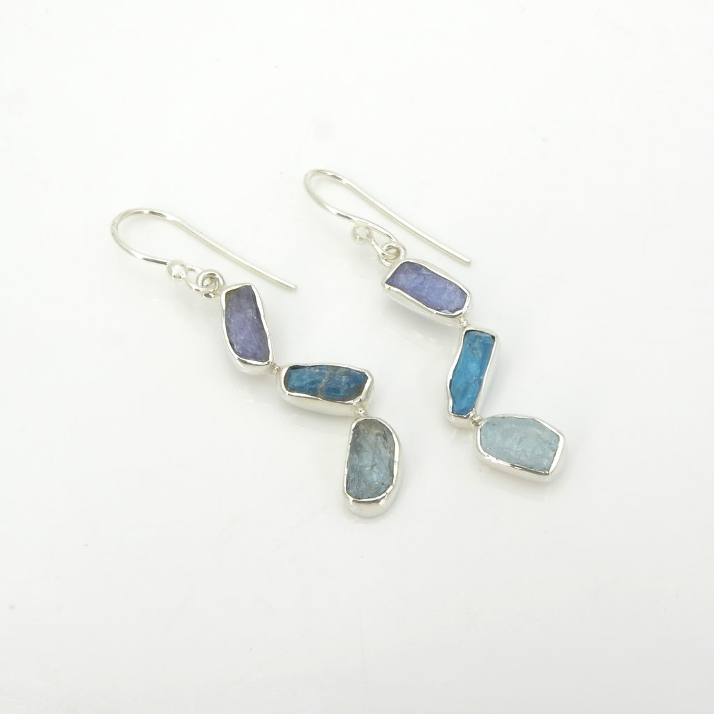 Sterling Silver Rough Blue Topaz, Apatite & Kyanite Earrings
