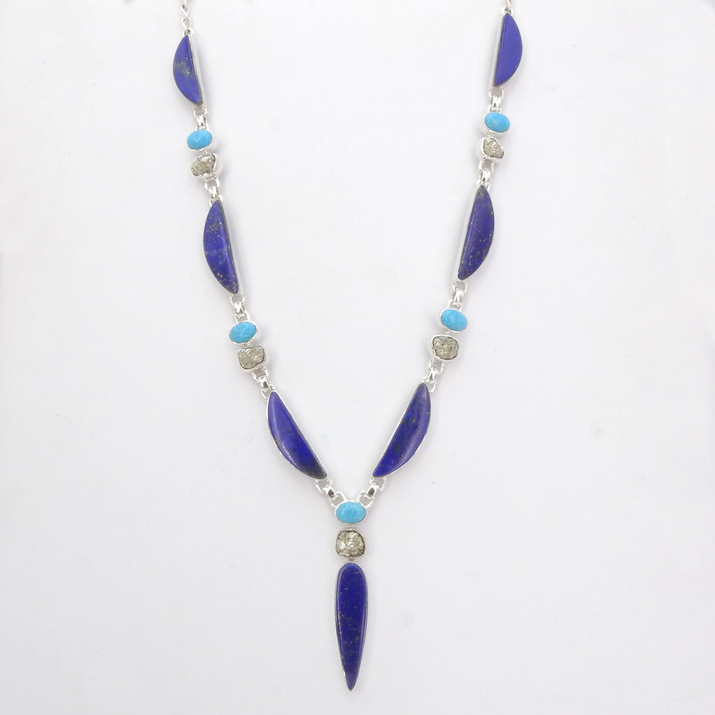 Sterling Silver Lapis, Turquoise & Pyrite Statement Necklace