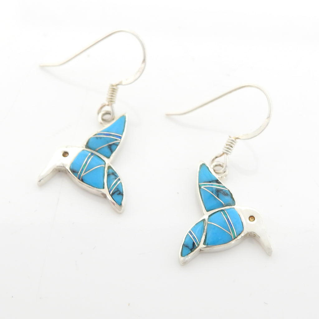 Sterling Silver Hummingbird Turquoise & Created Opal Inly Earrings