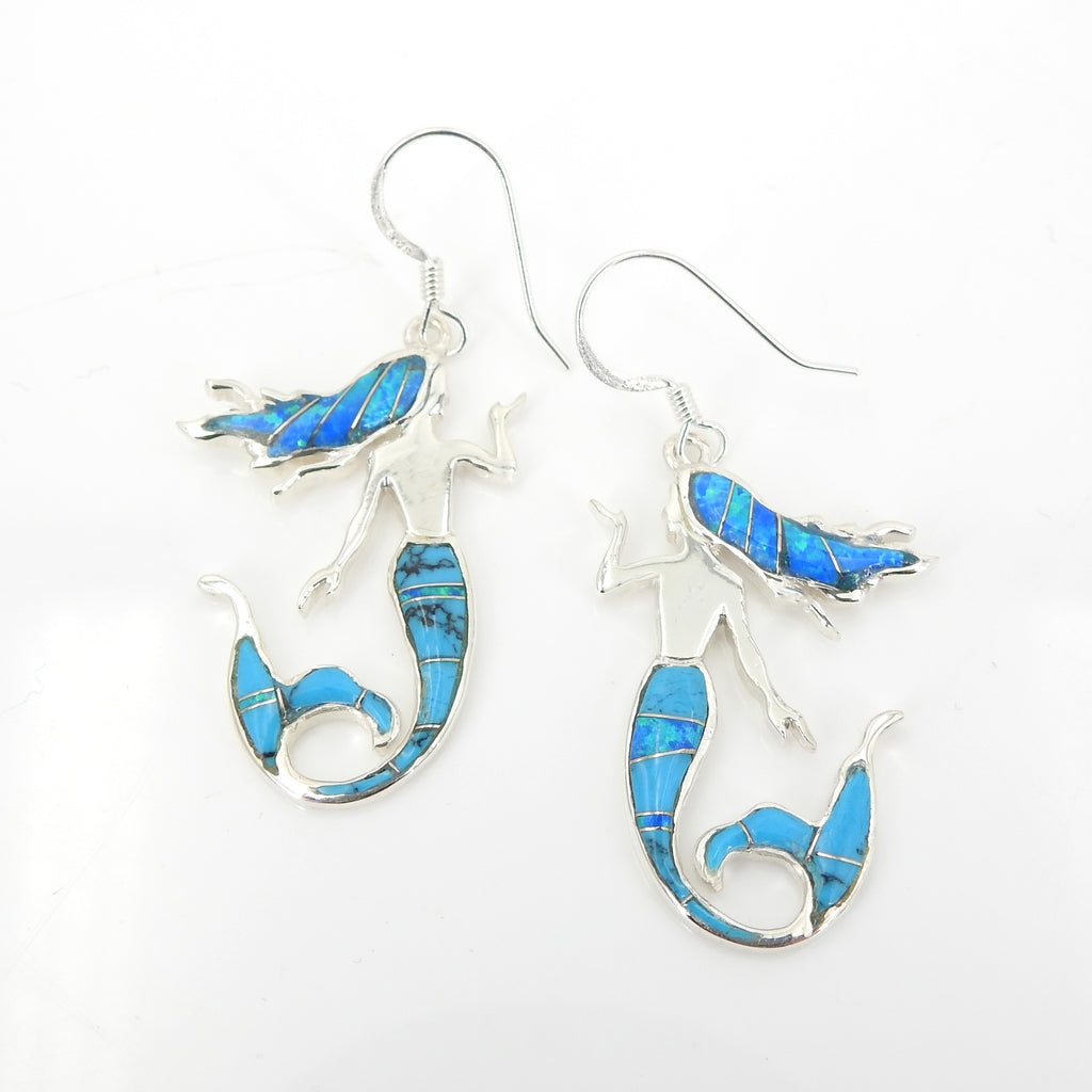 Sterling Silver Created Opal & Turquoise Inlay Mermaid Earrings