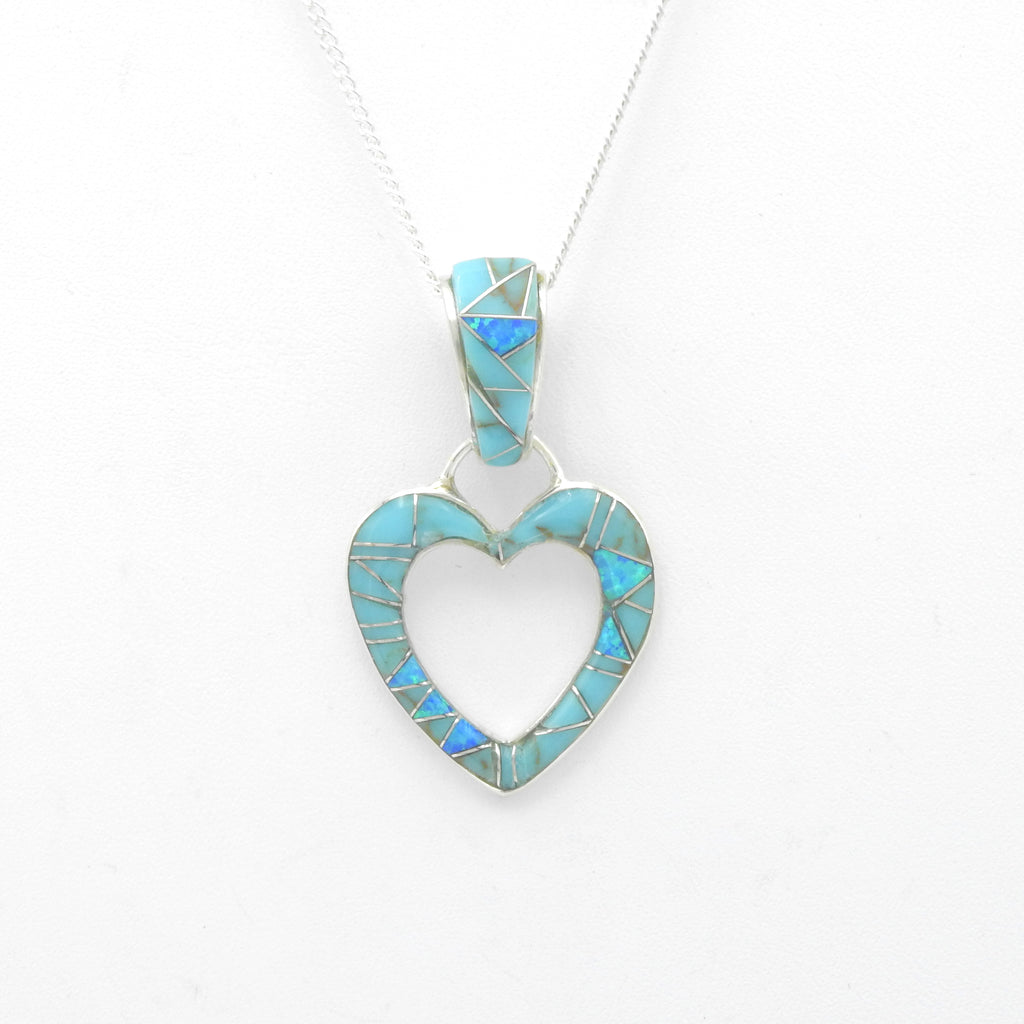 Sterling Silver Turquoise & Opal Inlay Heart Pendant