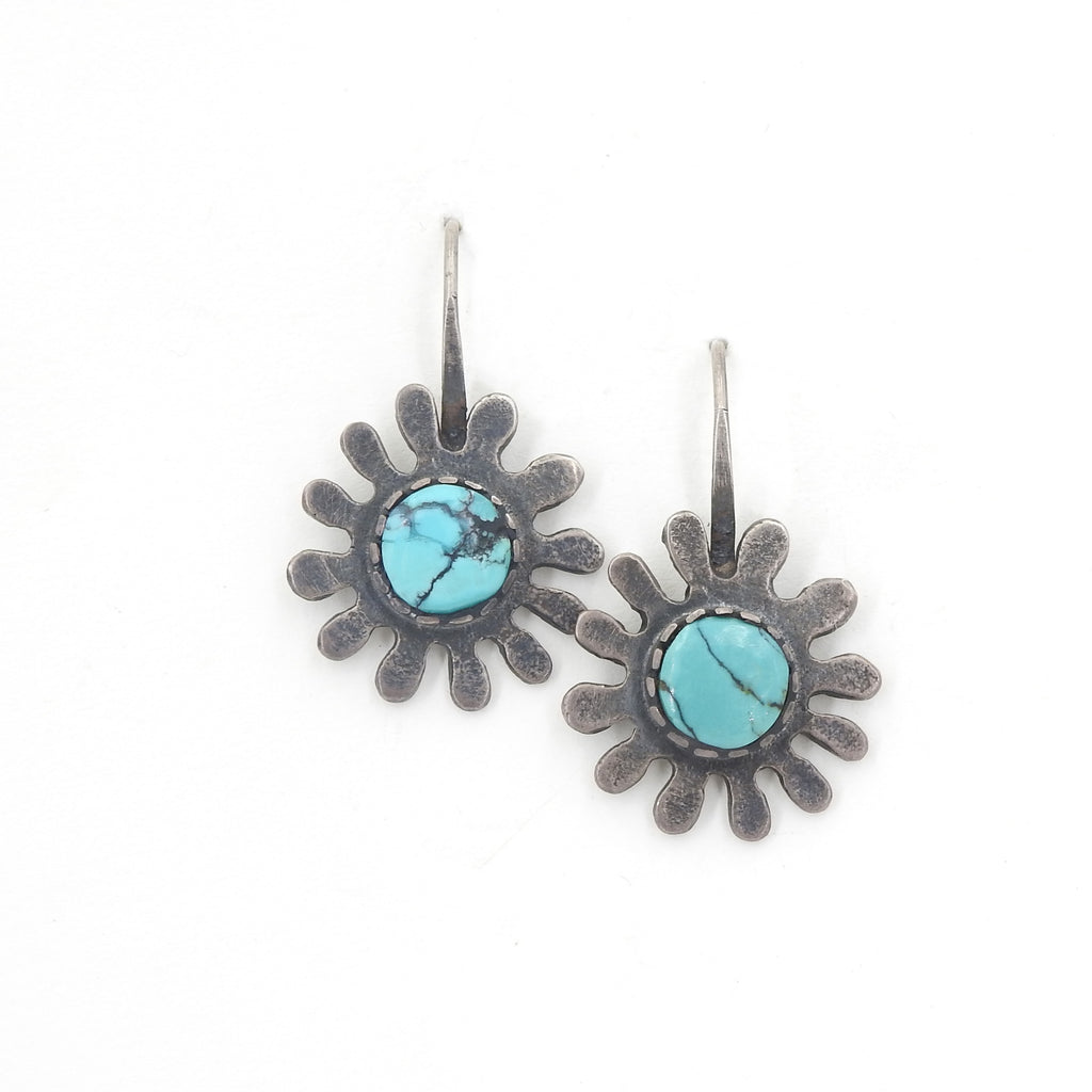 Sterling Silver Oxidized Flower w/ Turquoise Center Earring