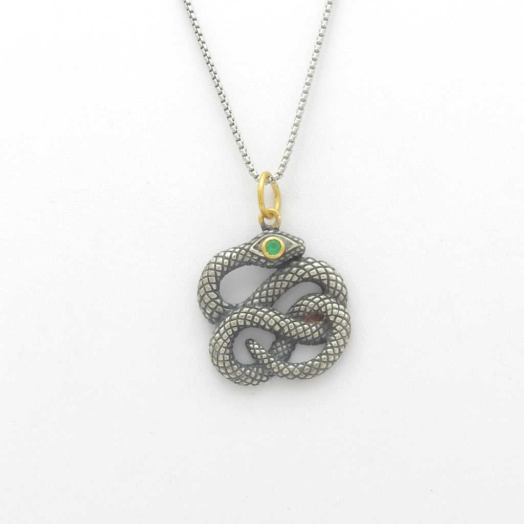 Sterling Silver & 24KT Gold Snake Pendant w/ Emerald Accent