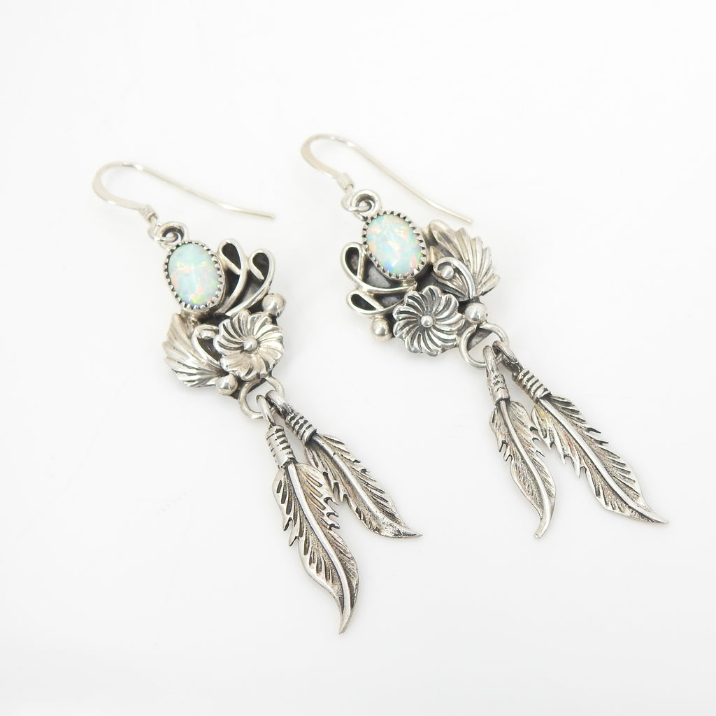 Sterling Silver Created Opal Native American Feather Earrings