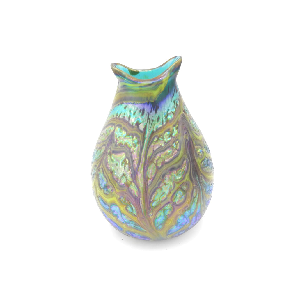 Fluted Teal & Yellow Iridescent Glass Vase