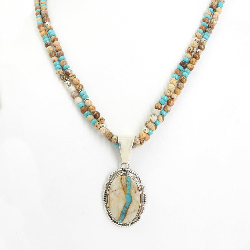 Sterling Silver Ribbon Turquoise Pendant w/ Double Strand Necklace