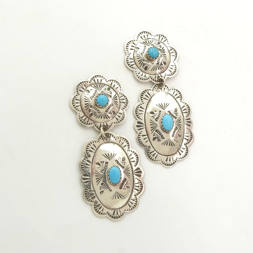Sterling Silver Native American Double Concho Turquoise Earrings