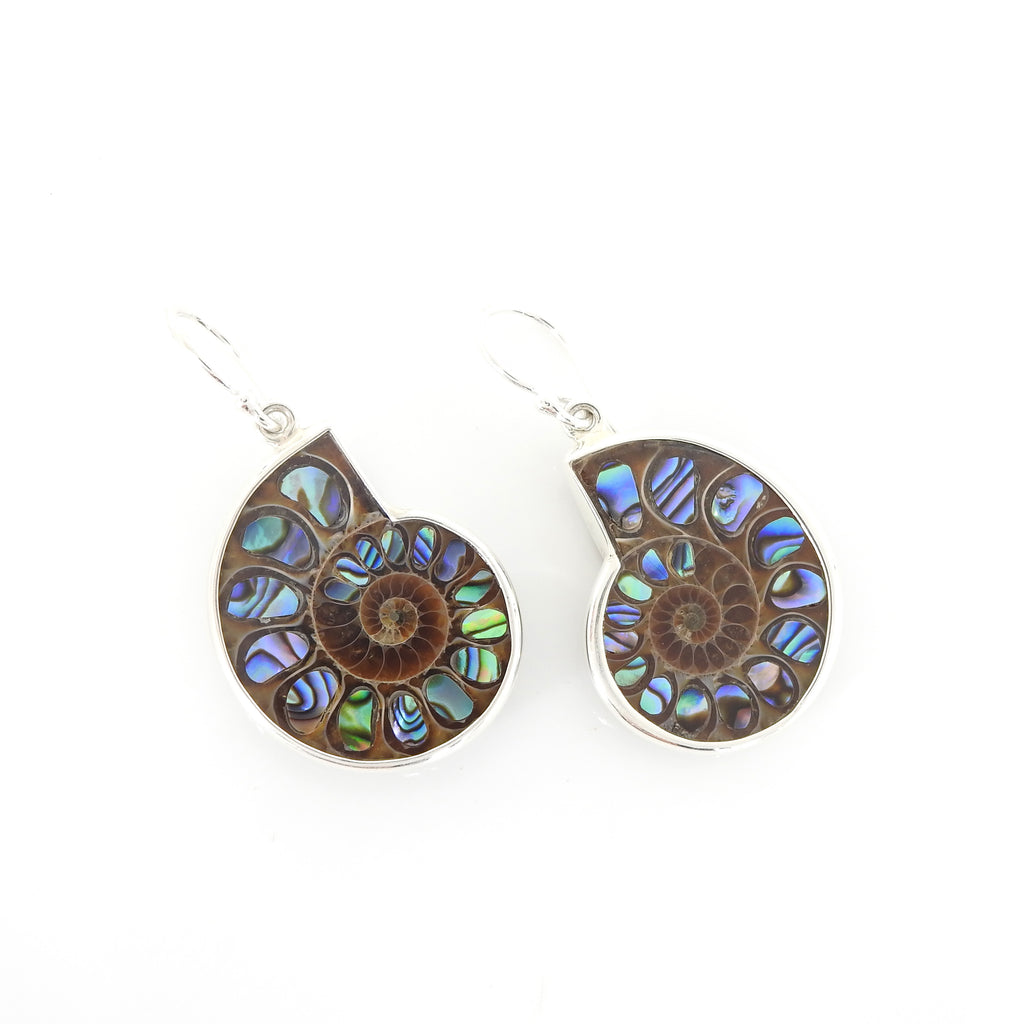 Sterling Silver Ammonite With Abalone Inlay Earrings
