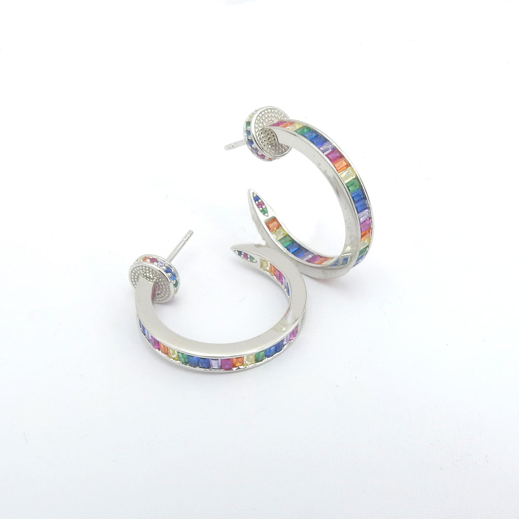 Sterling Silver Rainbow CZ Hoop Earrings