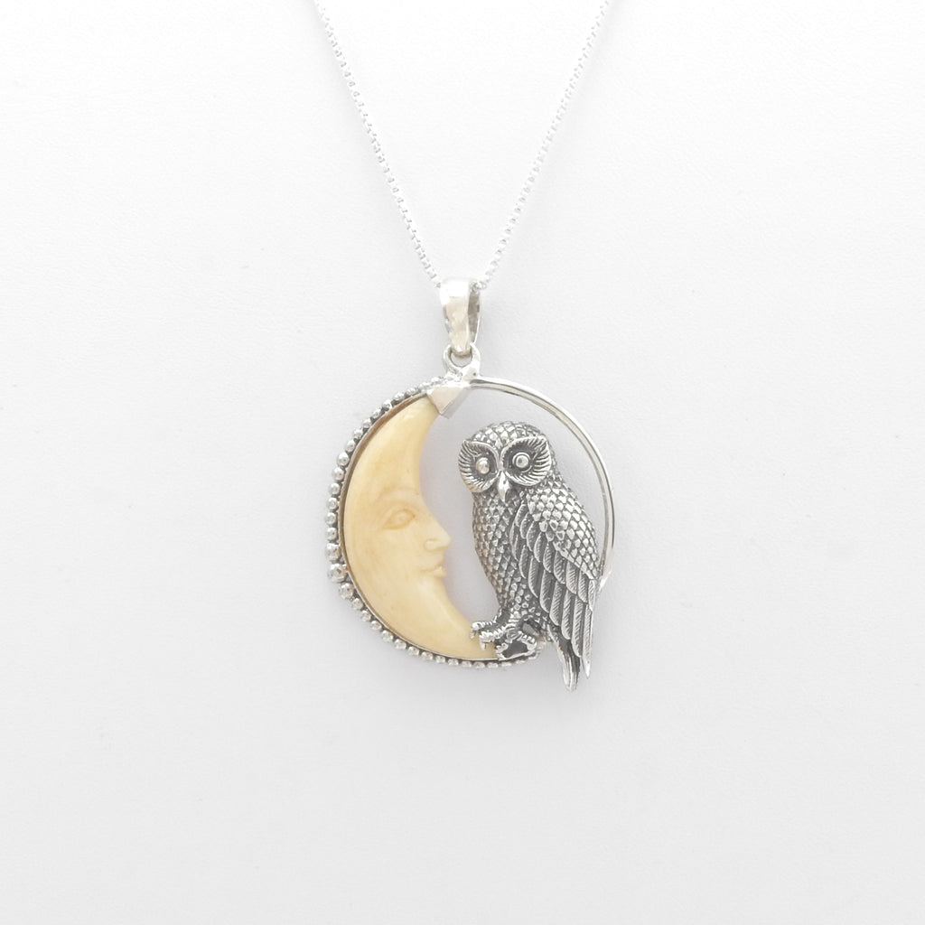 Sterling Silver Owl w/ Bone Moon Pendant
