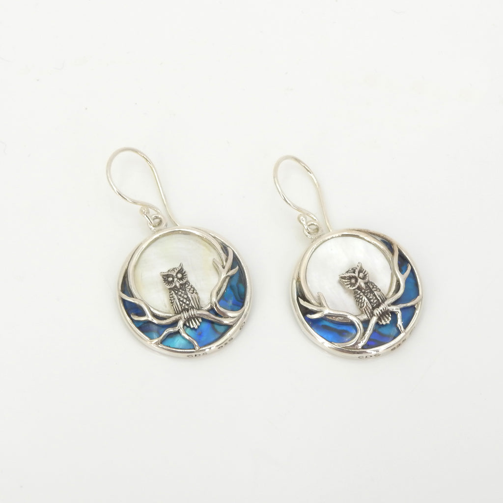 Sterling Silver Owl w/ Mother of Pearl & Abalone Earrings