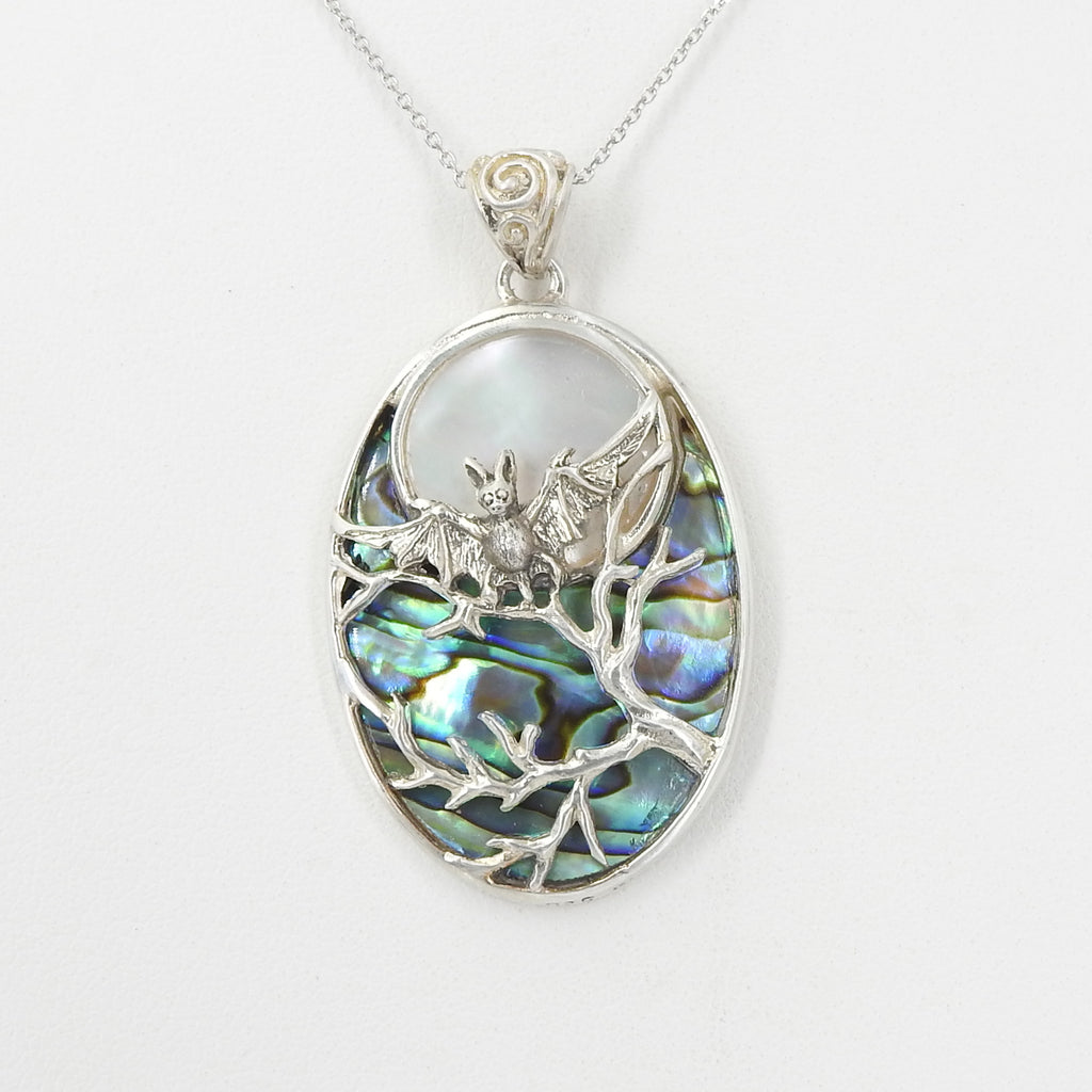Sterling Silver Bat W Abalone and Mother of Pearl Pendant