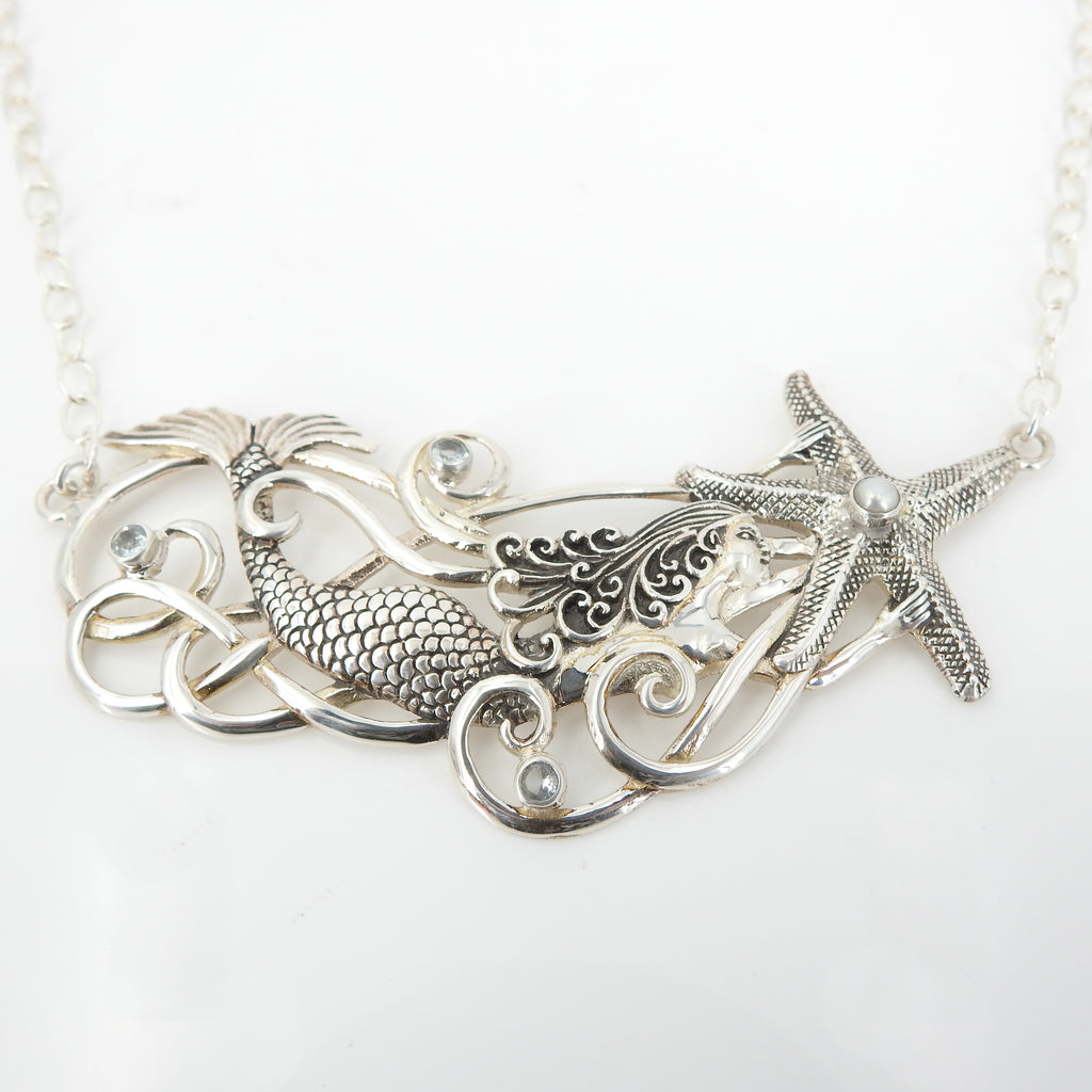 Sterling Silver Mermaid W Crystal and Pearl Necklace