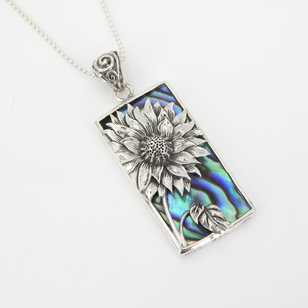 Large Sterling Silver Sunflower w/ Abalone Pendant