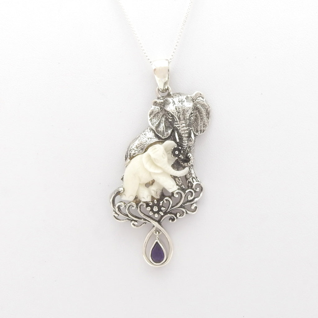 Sterling Silver Mother & Baby Elephant Pendant w/ Amethyst