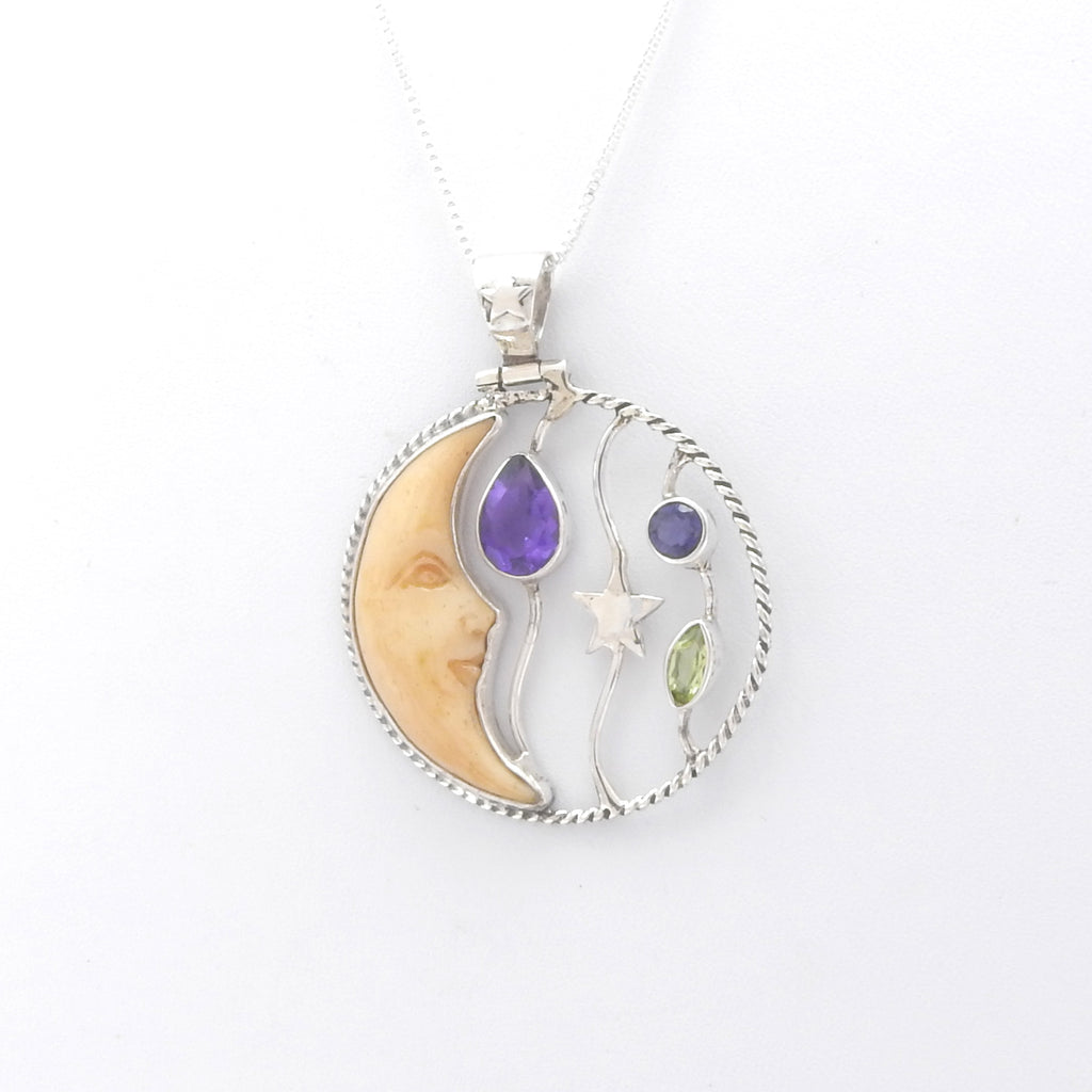 Sterling Silver Carved Bone Moon Pendant w/ Mixed Gemstones