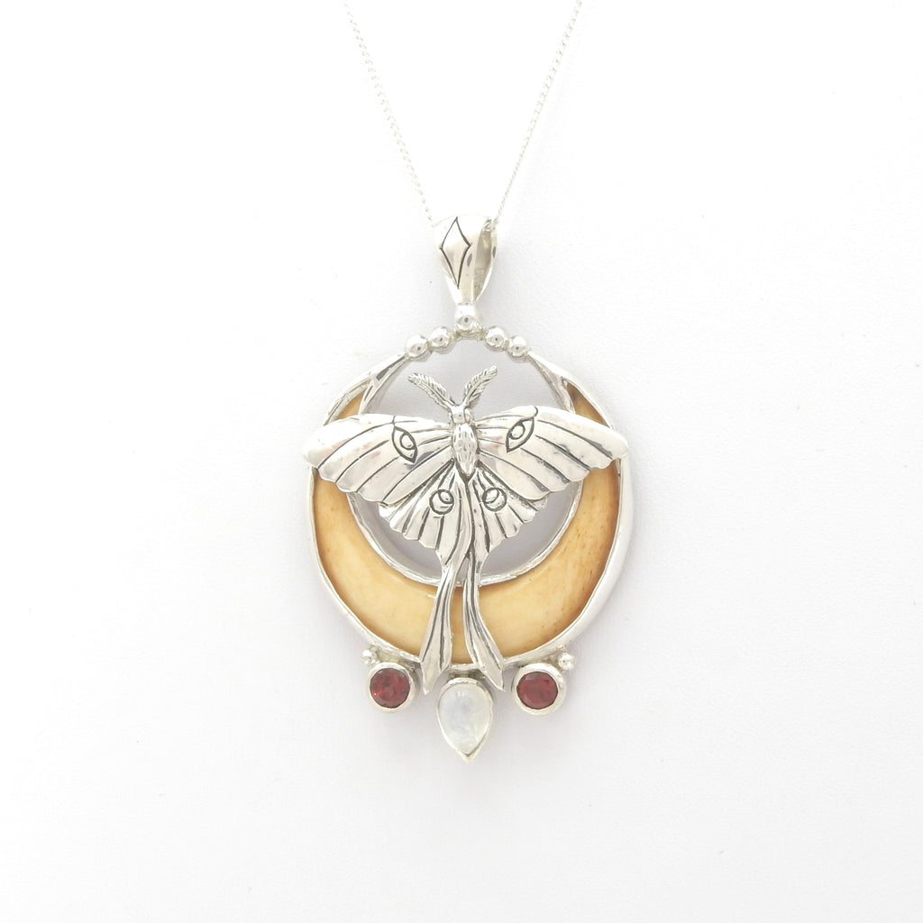 Sterling Silver Moth Pendant w/ Bone, Garnet, & Moonstone