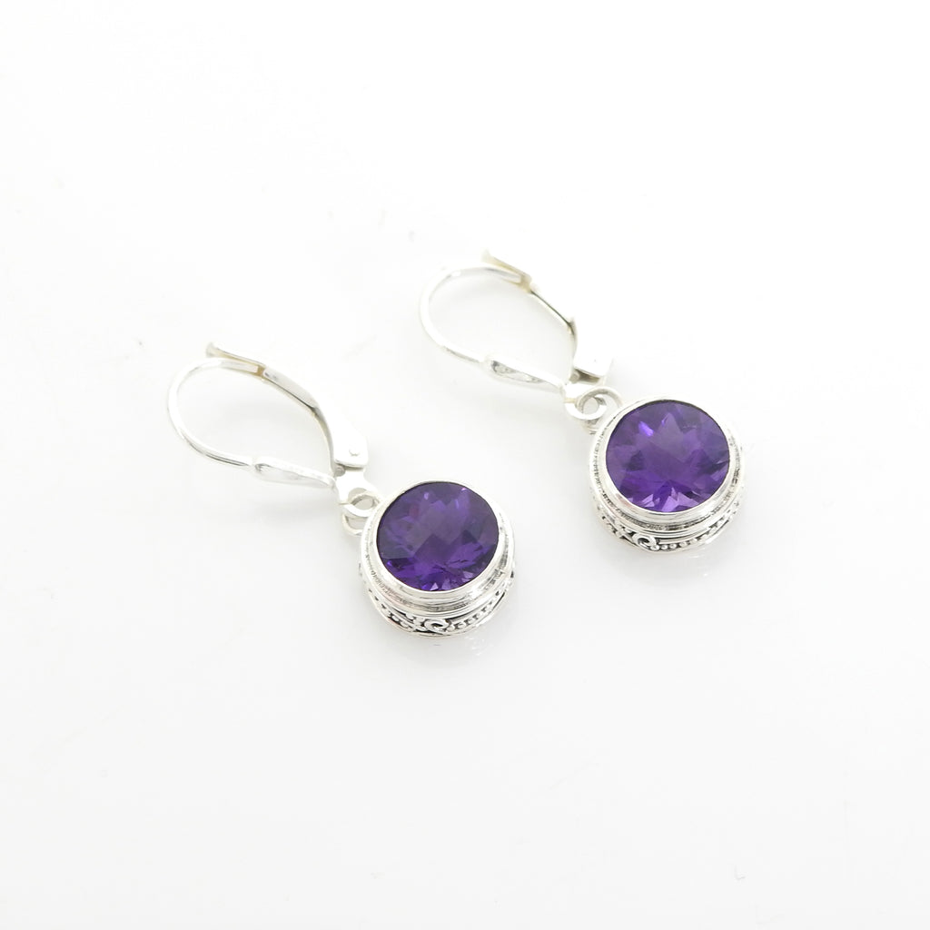 Sterling Silver Round Faceted Amethyst Earrings