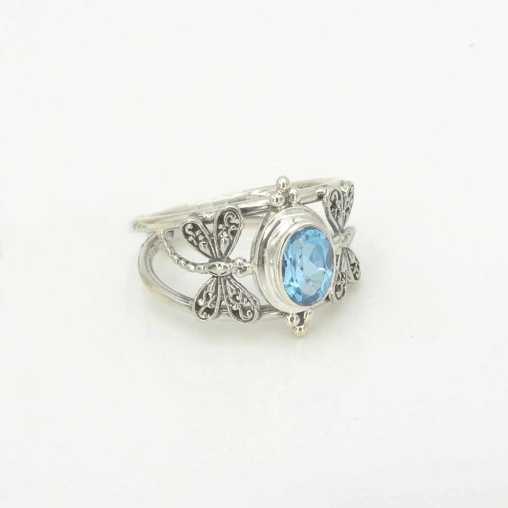 Sterling Silver Blue Topaz Dragonfly Ring