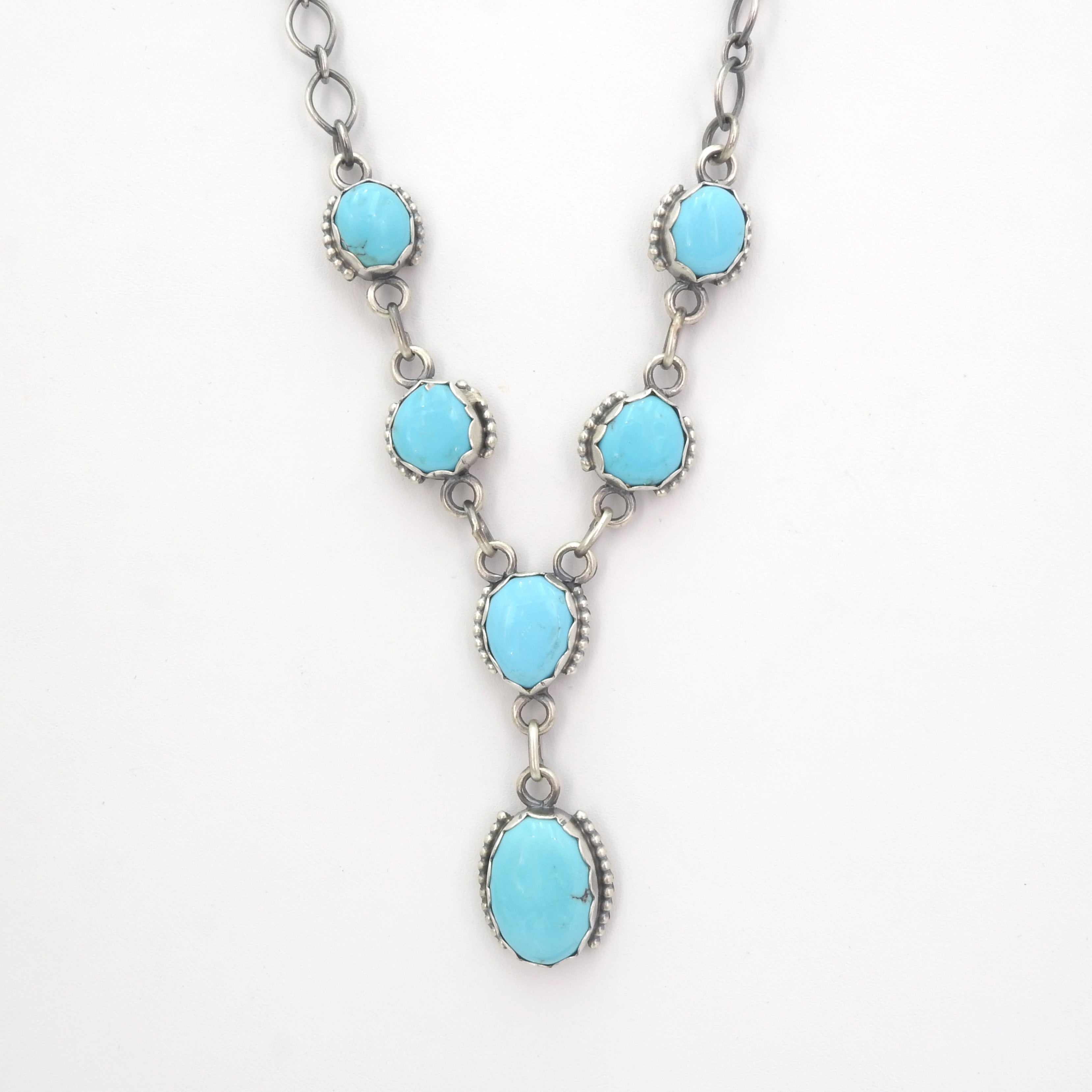 Item #1025A- Navajo Sleeping Beauty Turquoise Stamped/Textured Sterling Silver Variety Beaded Necklace by Em Teller