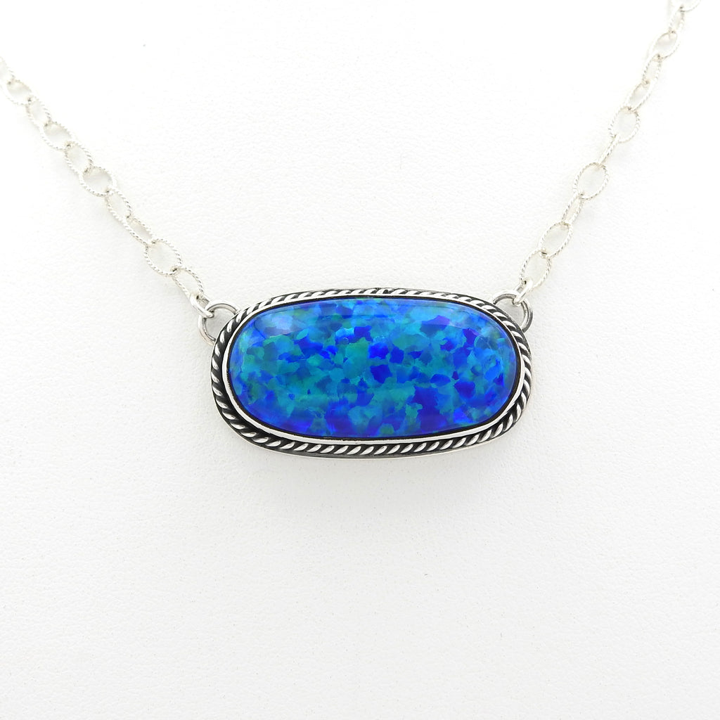 Sterling Silver Created Opal Bar Necklace