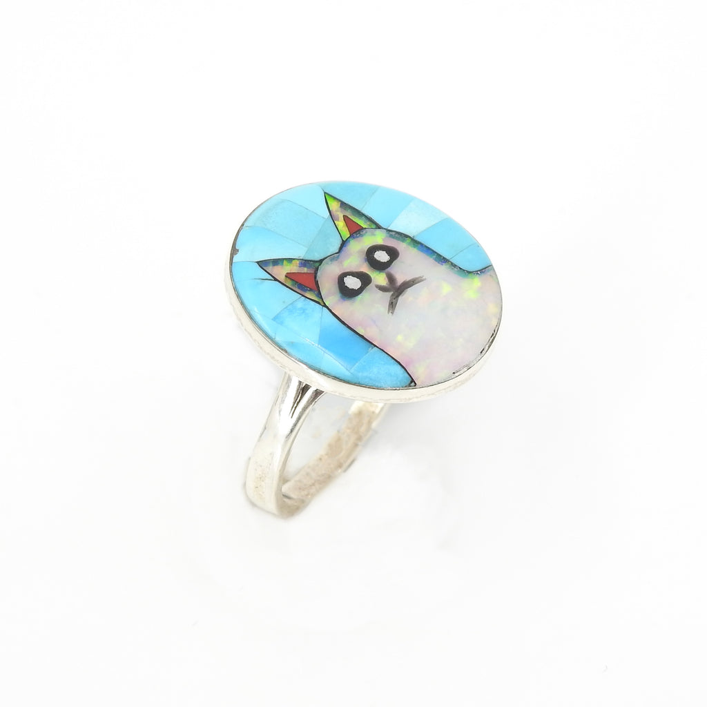 Sterling Silver Cat Inlay Ring SZ 9