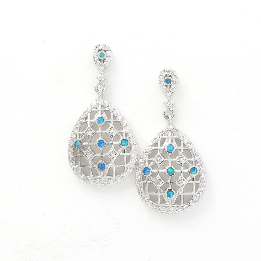 Sterling Silver Created Opal & CZ Dangle Earrings