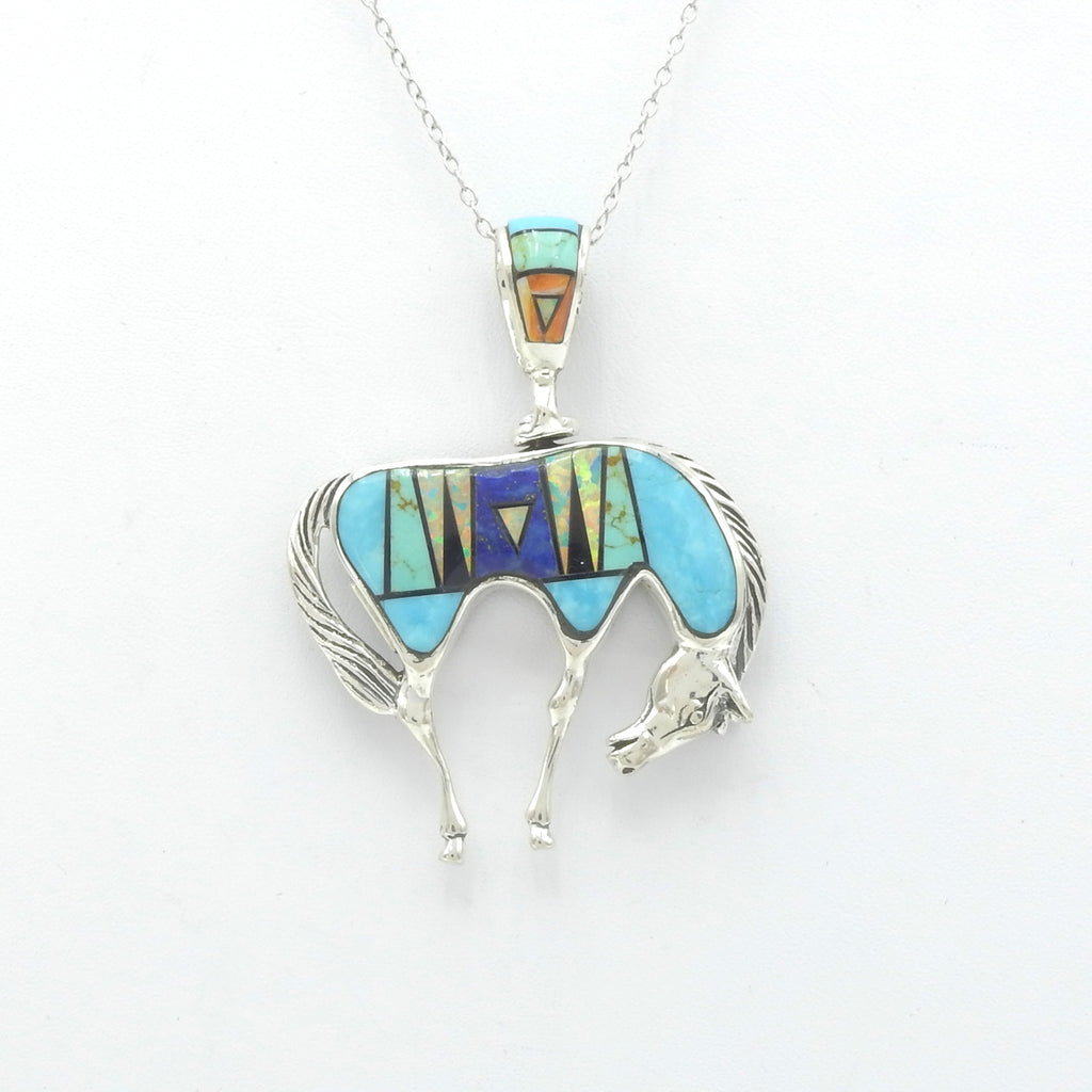 Sterling Silver Double Sided Inlay Horse Pendant