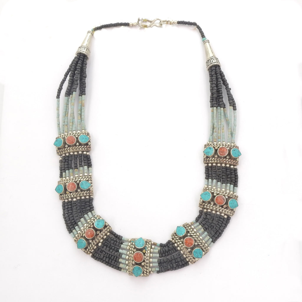 Turquoise & Coral Beaded Collar Necklace