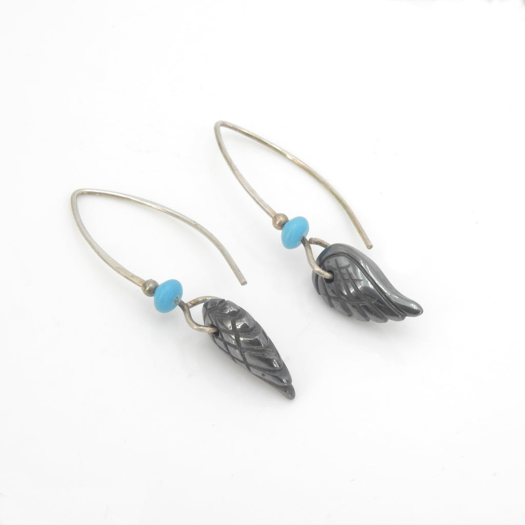 Sterling Silver Feather w/ Turquoise Bead Earrings