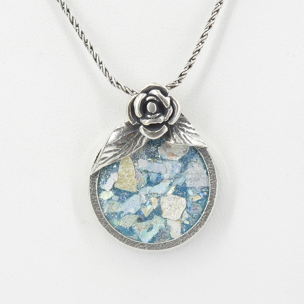 Sterling Silver Roman Glass Pendant With Rose