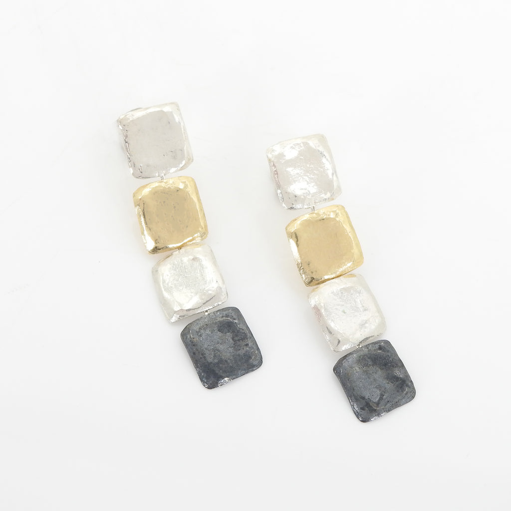 Sterling Silver Three Tone Square Earrings