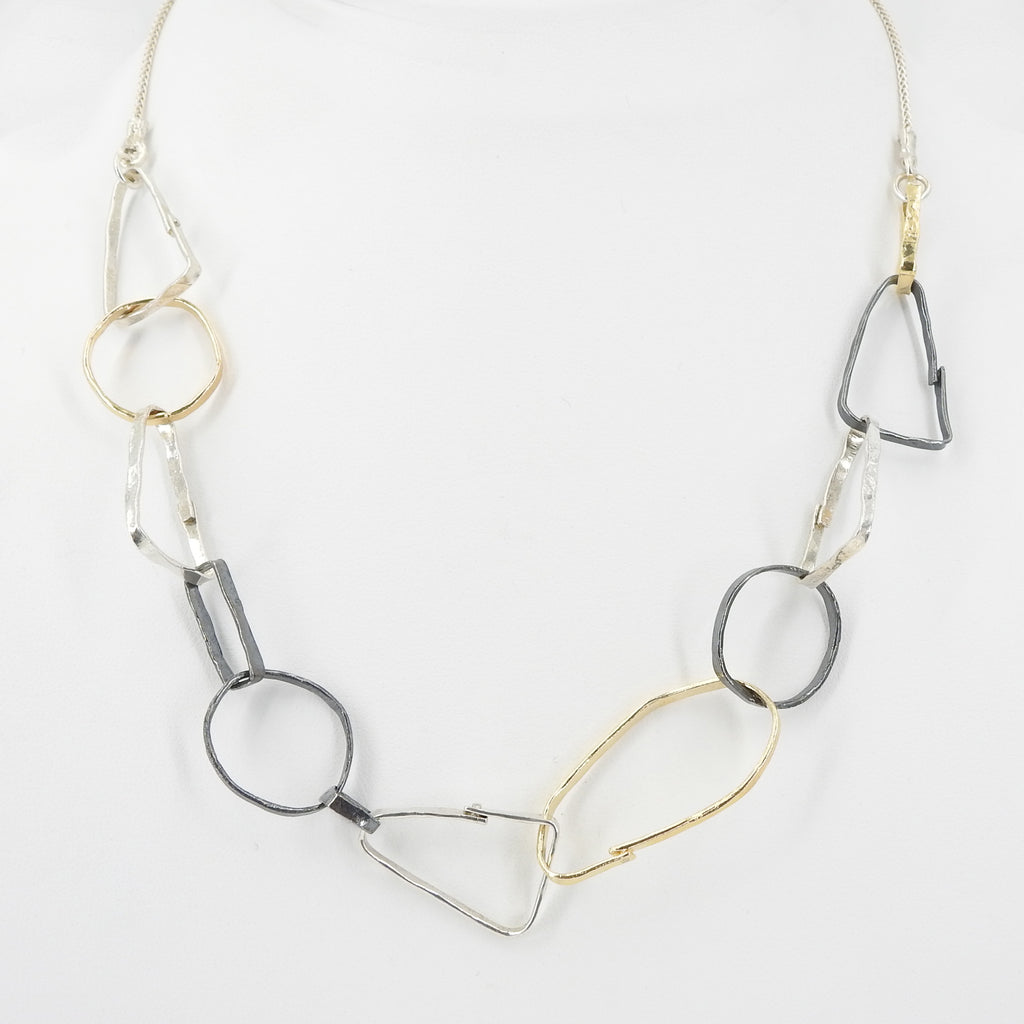 Three Tone Sterling Silver Abstract Link Necklace