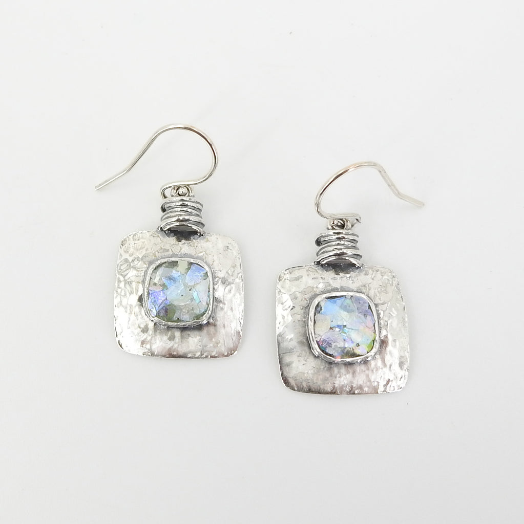 Sterling Silver Roman Glass Square Earrings