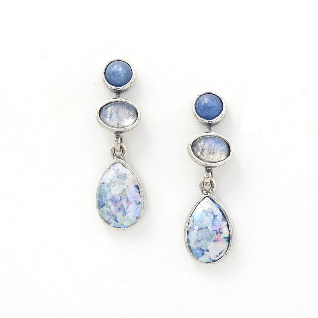 Sterling Silver Roman Glass Earrings w/ Kyanite & Moonstone