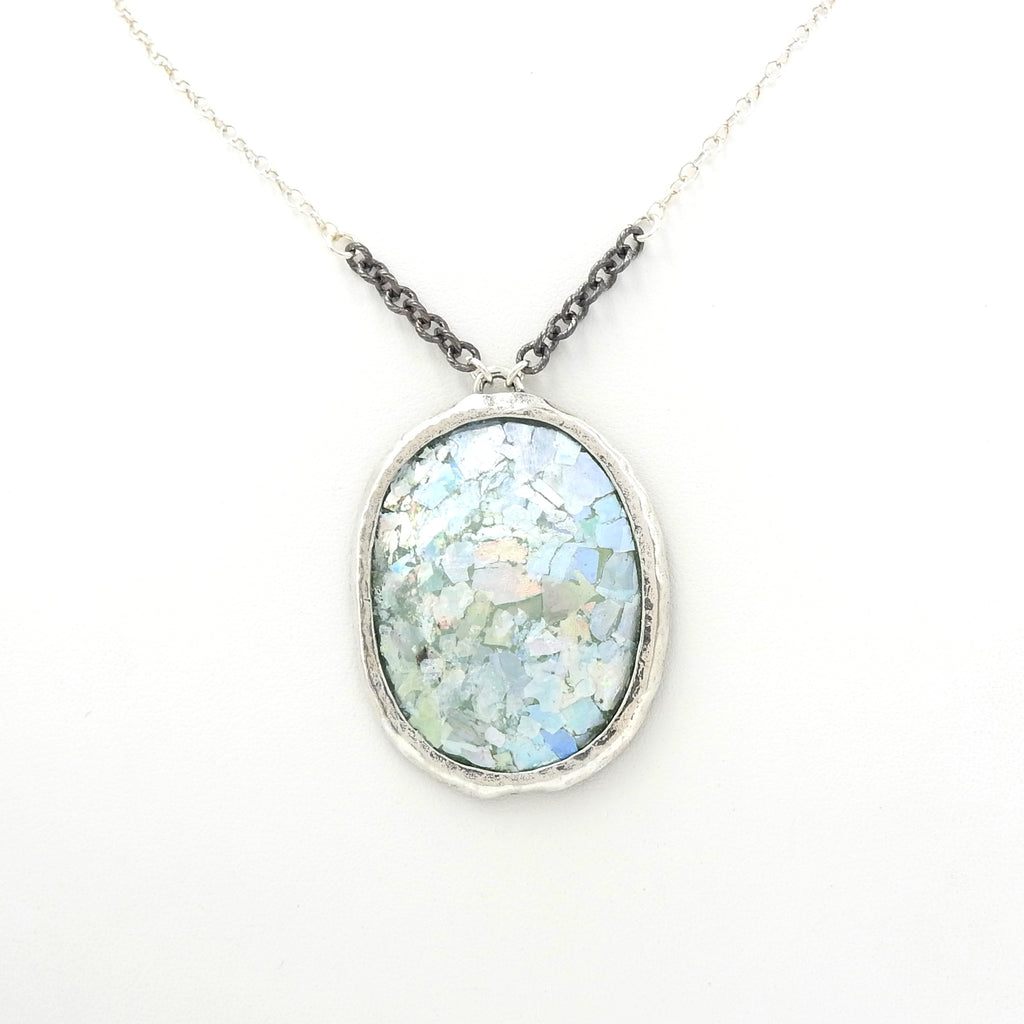 Sterling Silver Roman Glass Necklace w/ Two Tone Chain