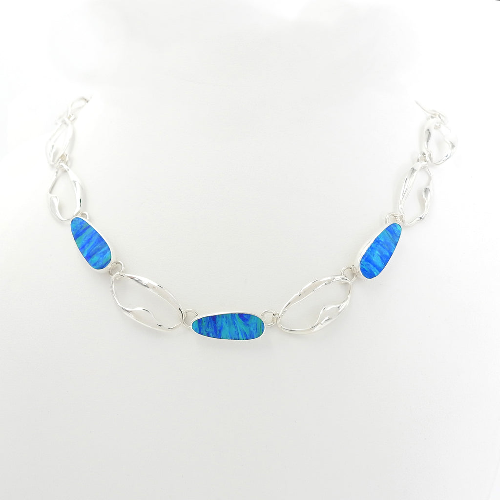 Sterling Silver Created Opal Link Necklace