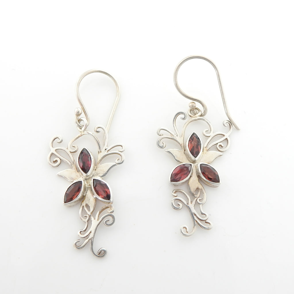 Sterling Silver Garnet Flower Earrings