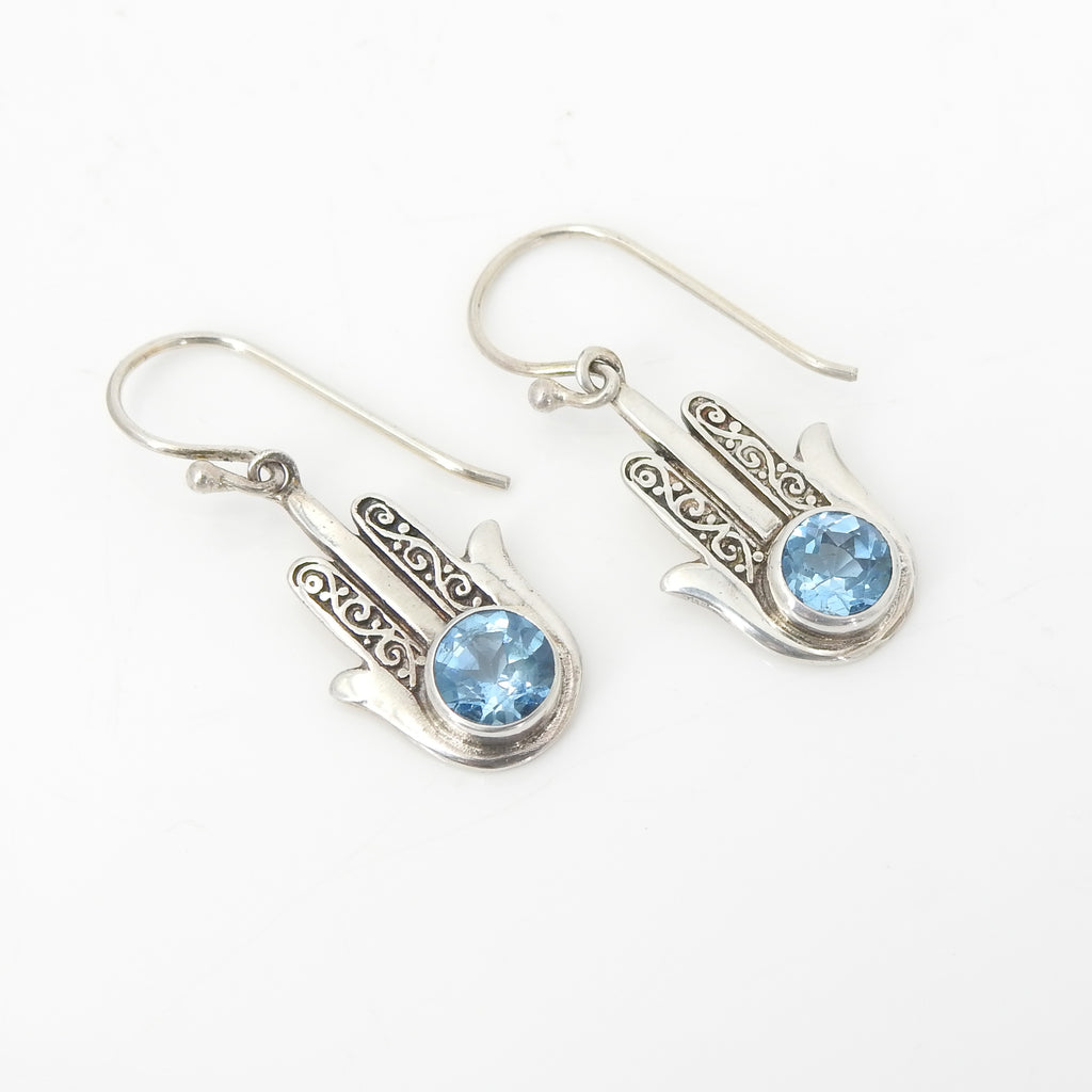 Sterling Silver Blue Topaz Hamsa Earrings