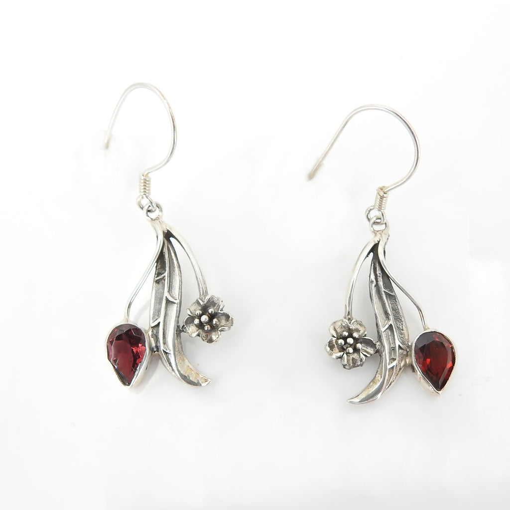 Sterling Silver Garnet Leaf & Flower Earrings