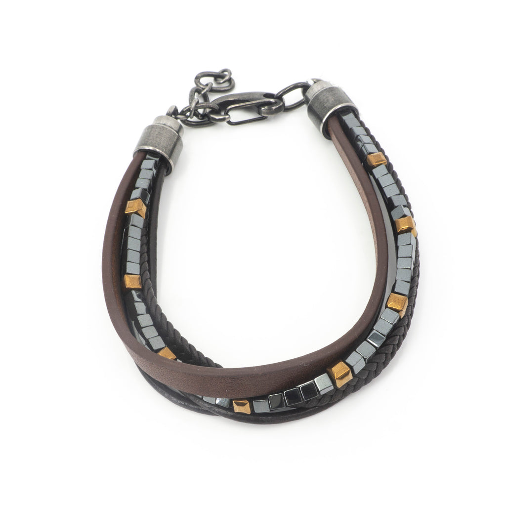 Stainless Steel W Brown Leather Bracelet