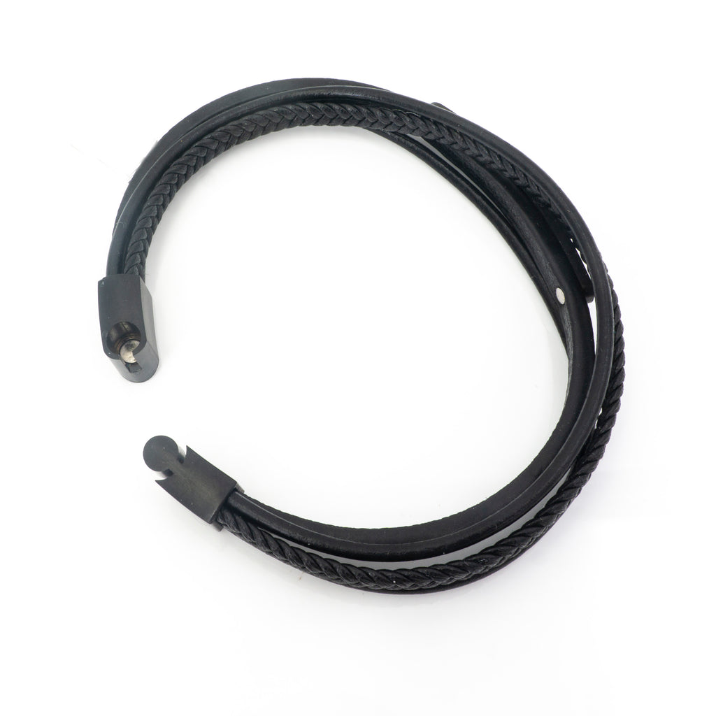 BLK Leather Bracelet W Stainless Steel