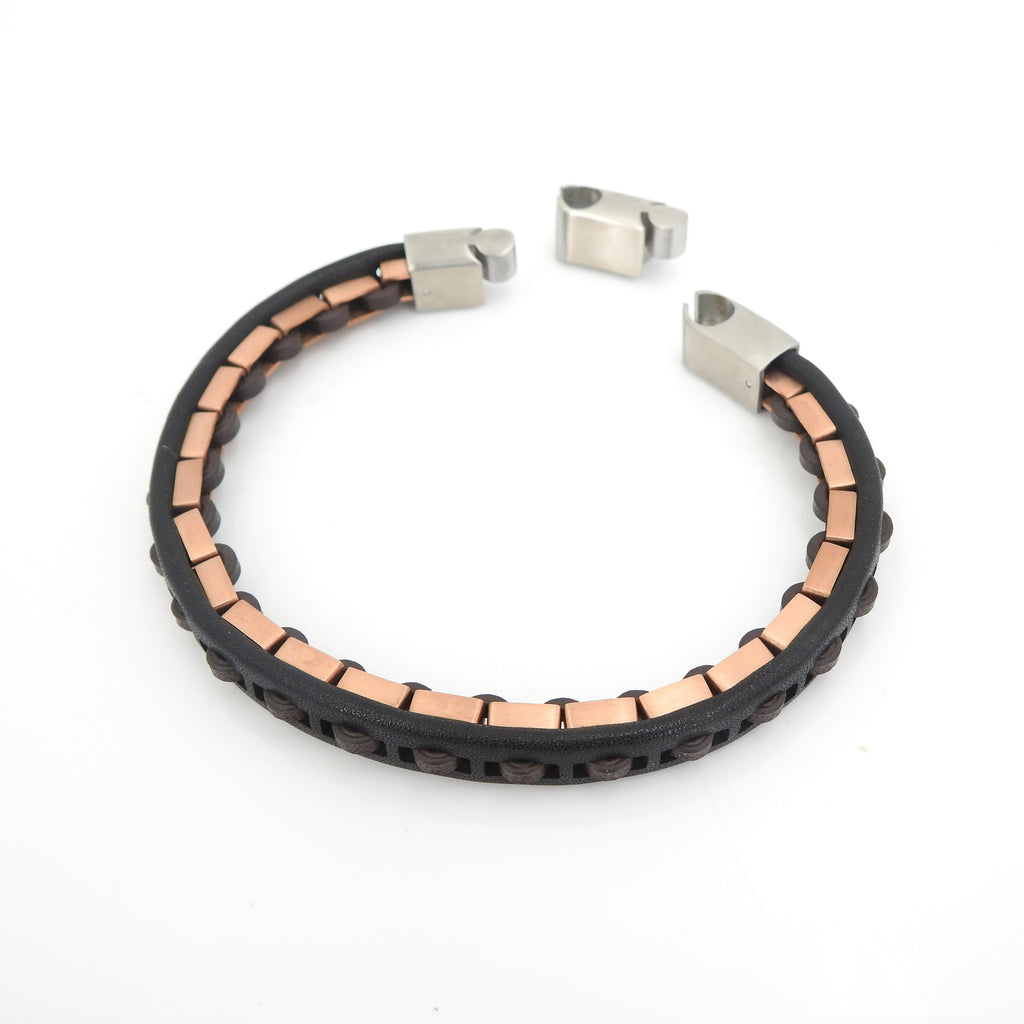Stainless Steel Rose Gold & Leather Bracelet