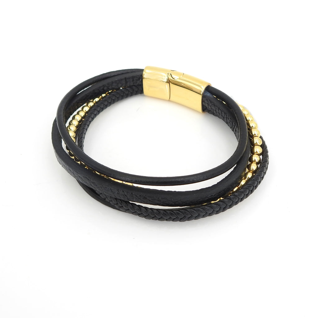 Stainless Steel Gold Tone & Leather Bracelet